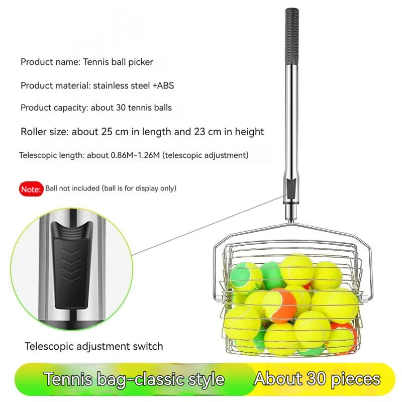 Stainless steel roller tennis ball picker with adjustable head on a court surface.