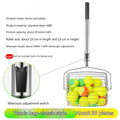 Stainless steel roller tennis ball picker with adjustable head on a court surface.