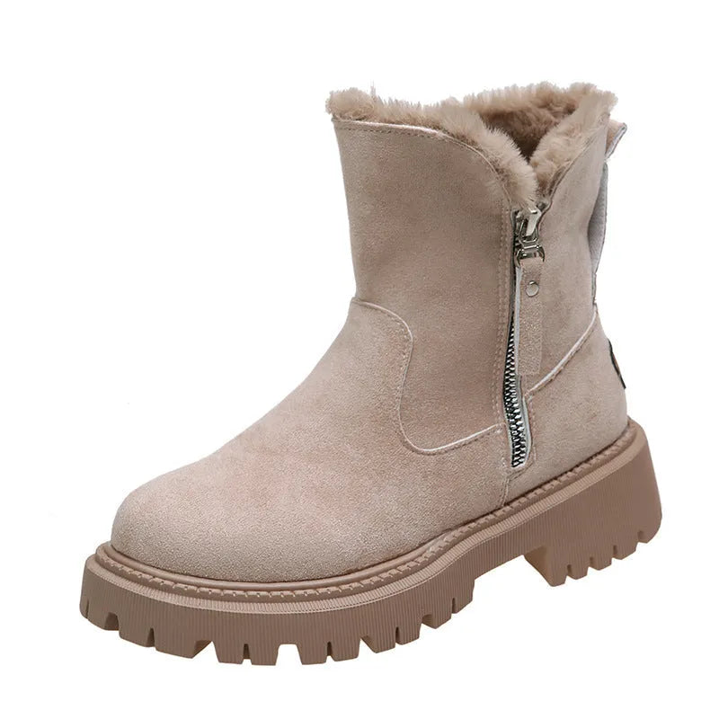 Thick plush snow boots for women, faux suede upper, non-slip rubber sole, side zipper, black colour