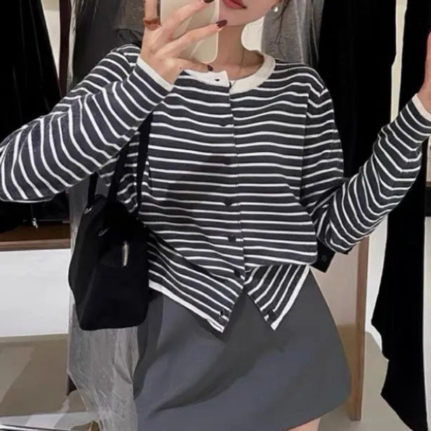 Dark grey and white striped women's cardigan coat with long sleeves and a slim fit.