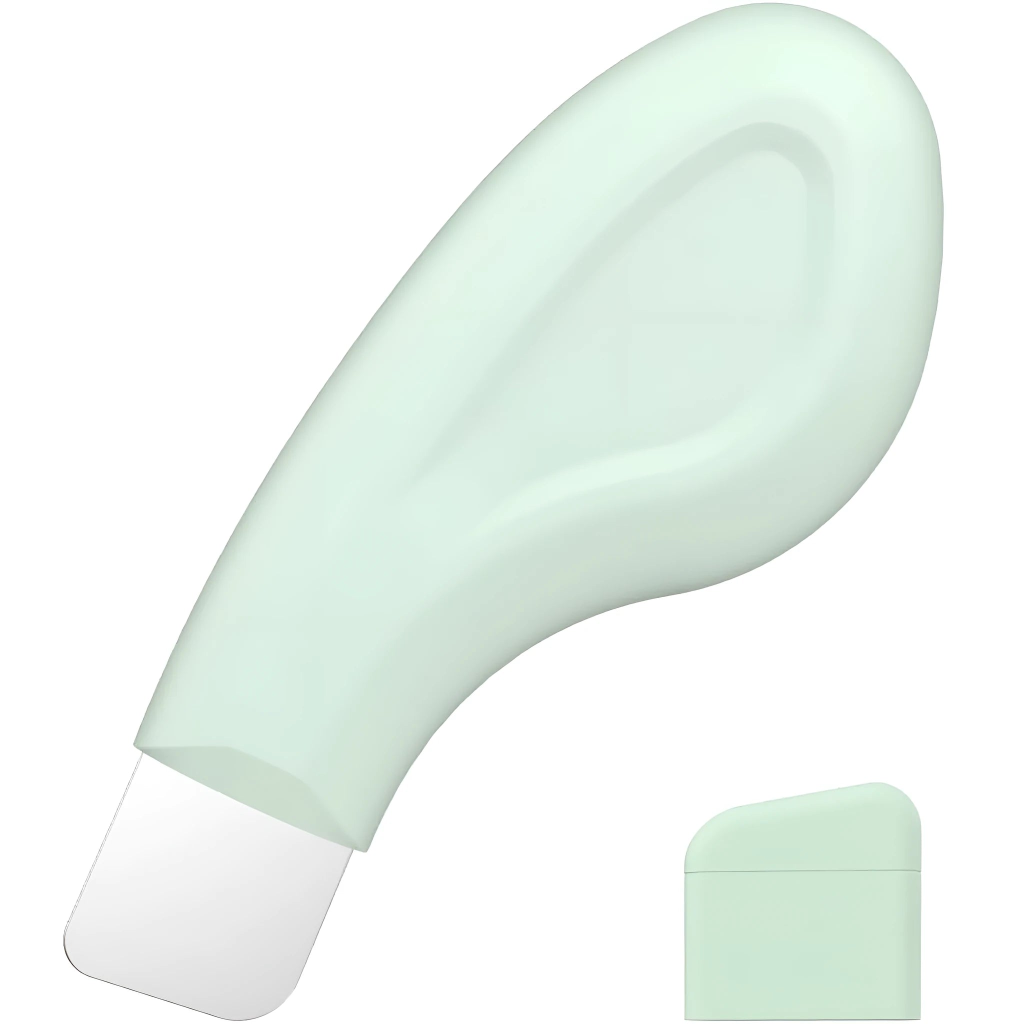 A green stainless steel blackhead scraper tool with a non-slip handle on a white background.