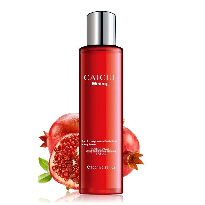 Red packaged pomegranate skincare set containing face wash, toner, lotion and facial cream bottles