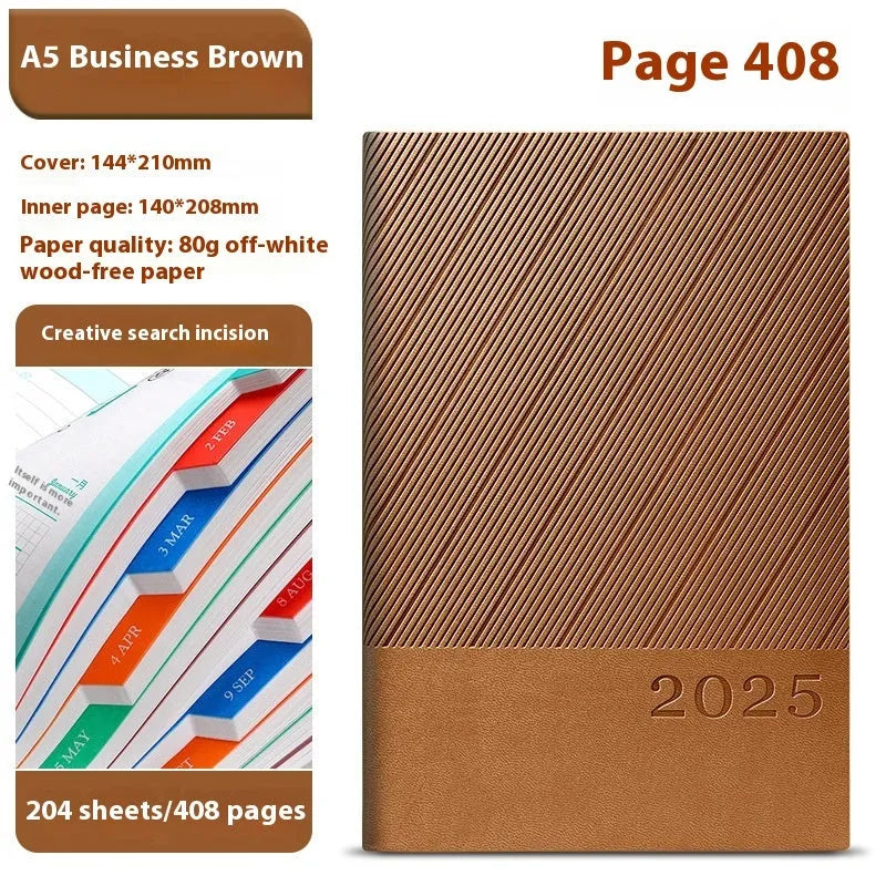 A5 business notepad with striped PU leather cover showing eight colour options open to reveal thick paper