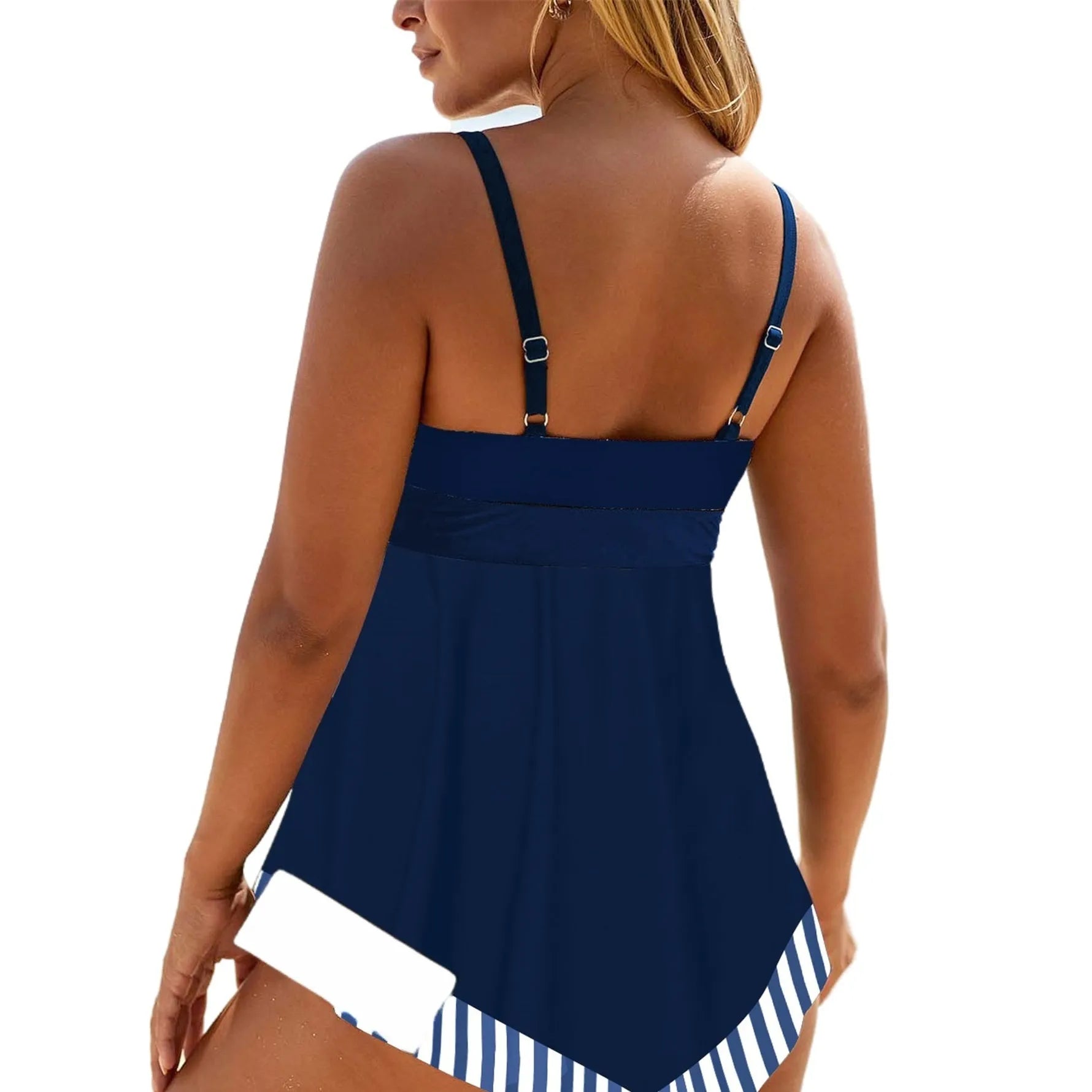Plus size woman in green backless two-piece quick-dry bikini swimsuit for swimming.
