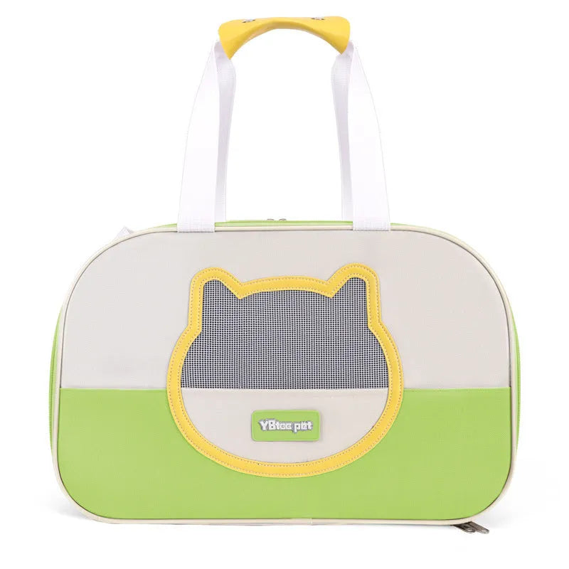 Blue foldable cat backpack made from Oxford cloth with contrast colour pattern and shoulder straps