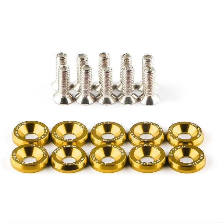 Car modification gasket screw bolt washer kit showing eight anodised colour options for engine bay customisation