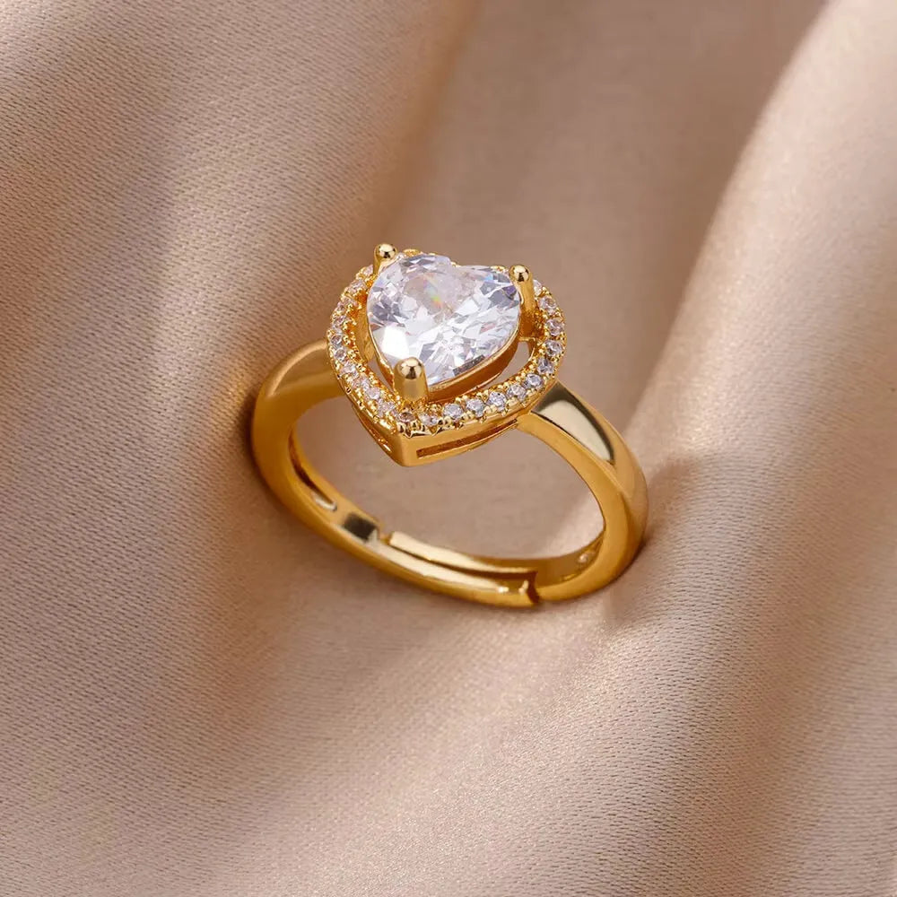 Adjustable 18K gold plated love emerald ring with synthetic zircon for women, open mouth copper design
