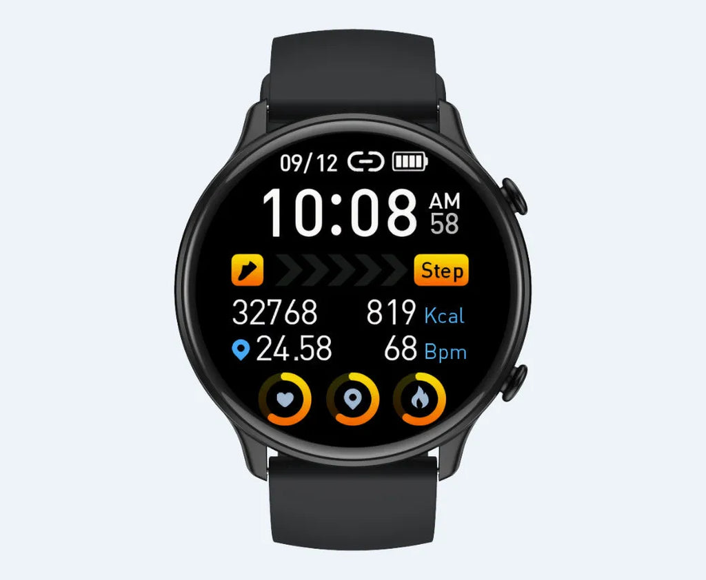 Round touch screen smart sports watch with silicone strap showing heart rate and sleep tracking display