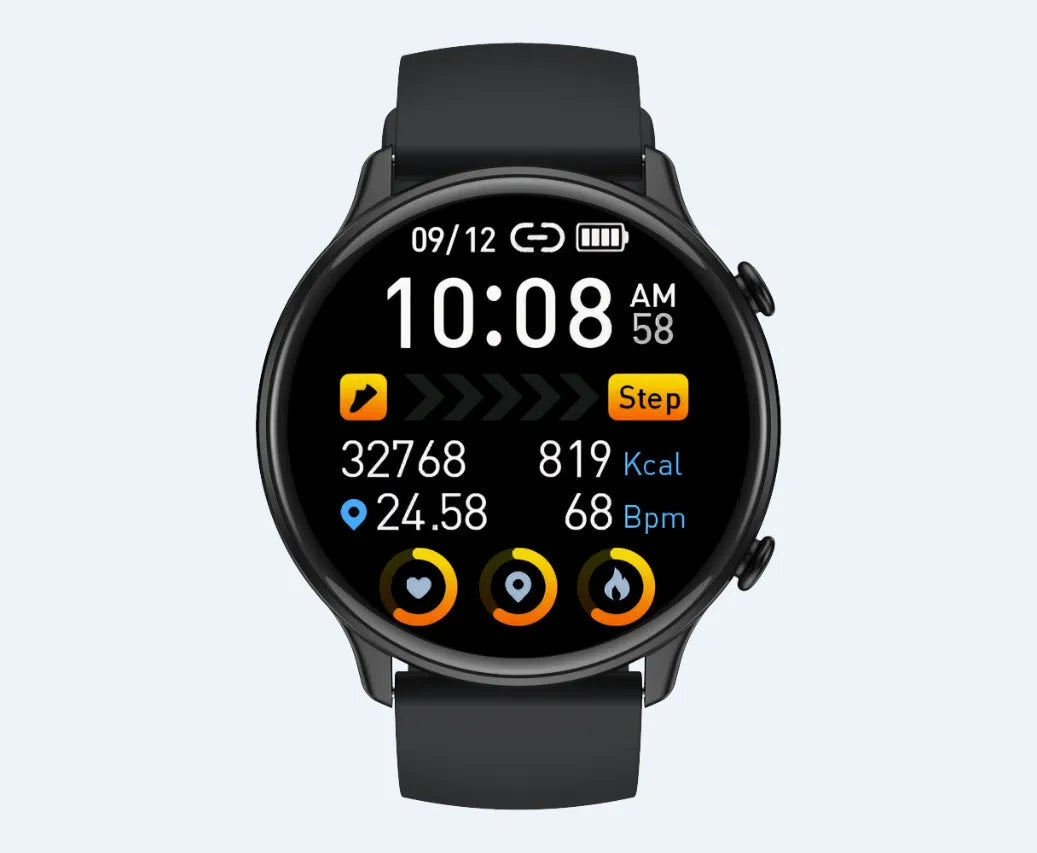Round touch screen smart sports watch with silicone strap showing heart rate and sleep tracking display