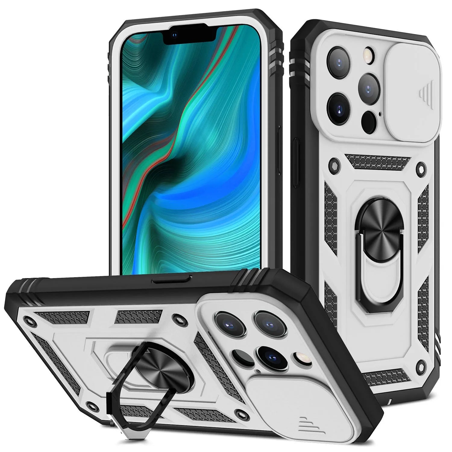Magnetic sliding window back cover case for iPhone 12 and 13 phones in sapphire blue colour.