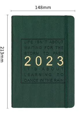 Creative student almanac calendar with imitation leather cover open to show weekly planning pages