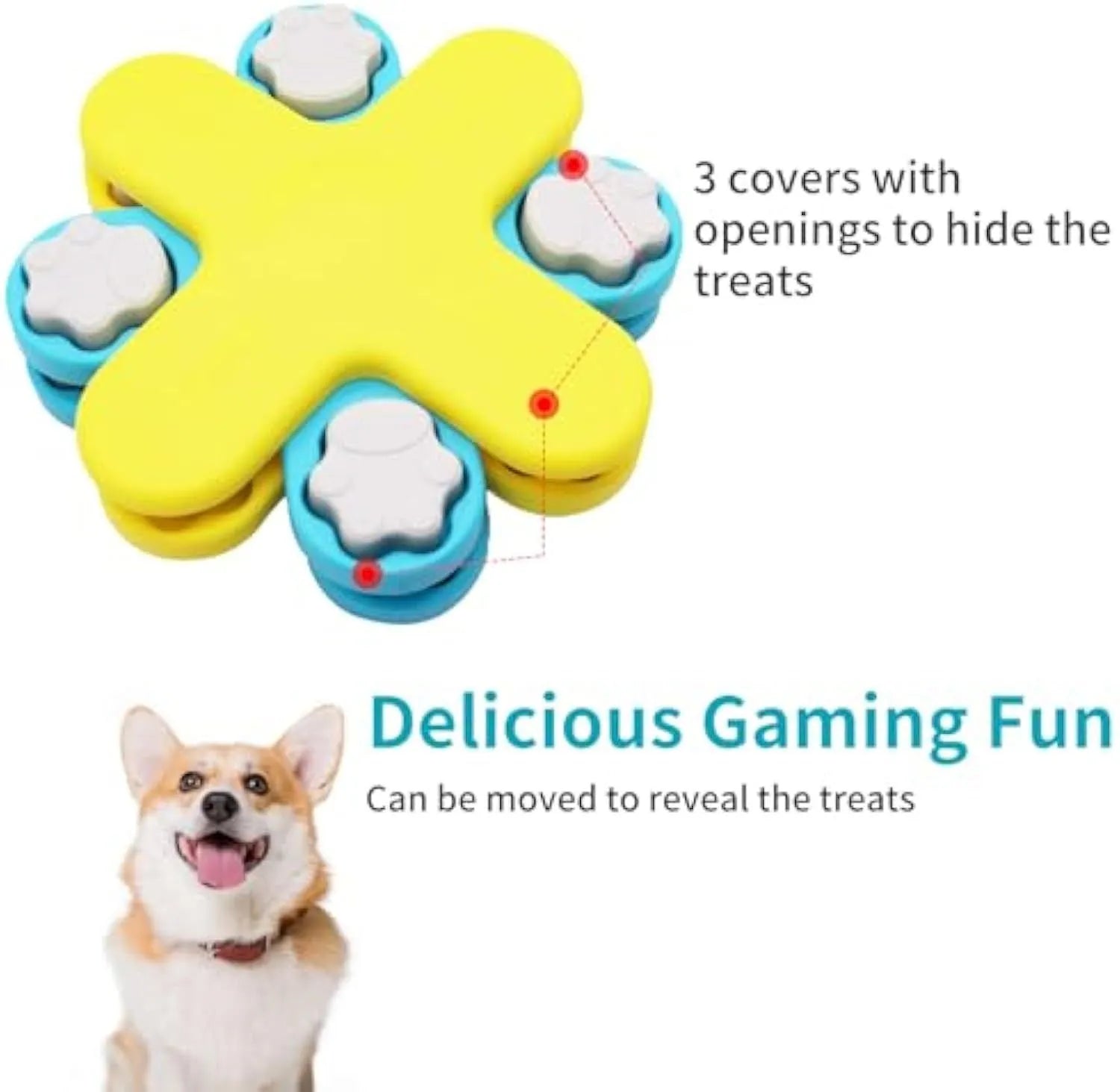 Yellow three-layer rotating dog puzzle feeder with claw-shaped lids and anti-slip rubber pads on the base.