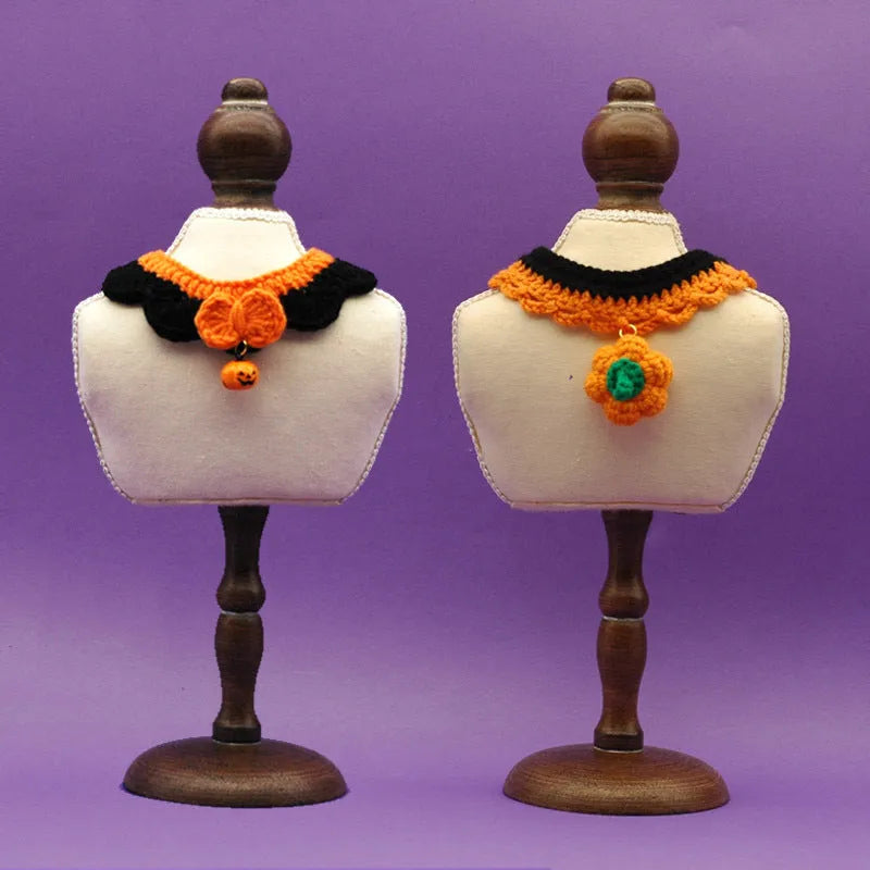 Hand crocheted wool Halloween pet collar with adjustable sizing for cats and dogs