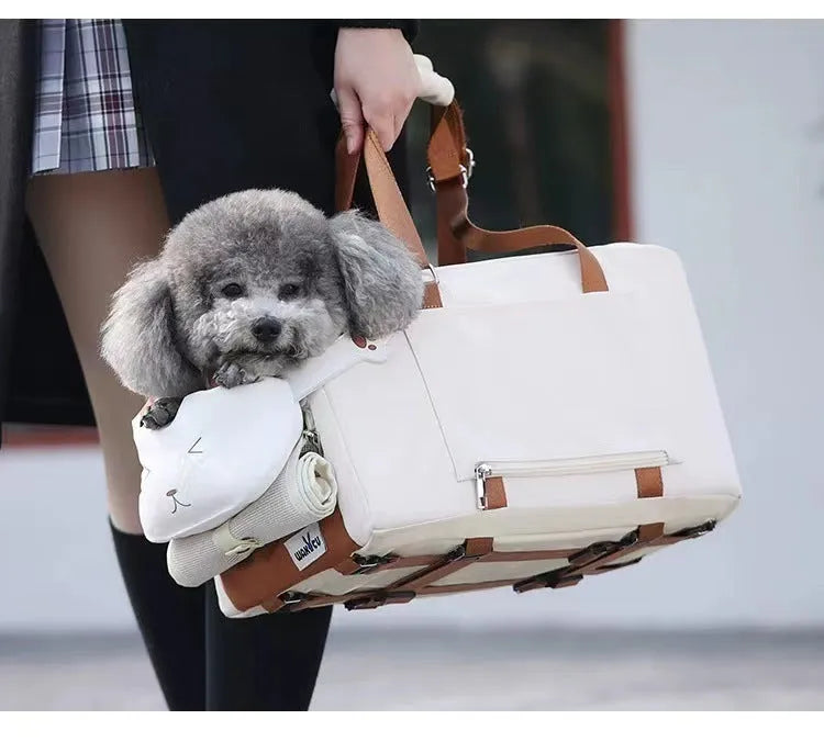 Beige hard-shell cat carrier with one shoulder strap showing EPE padding construction