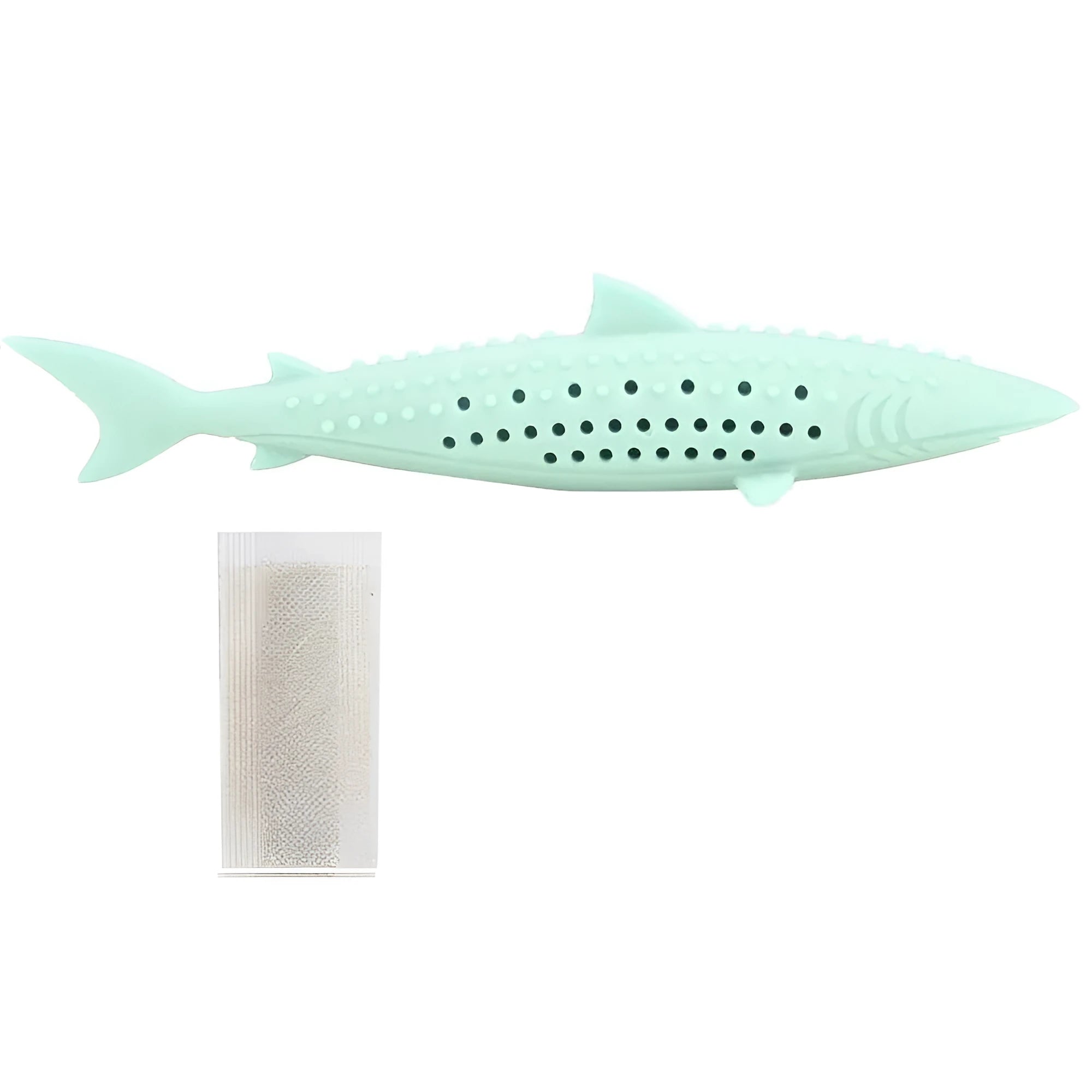 Green silicone fish-shaped chew toy for cats on a white background.