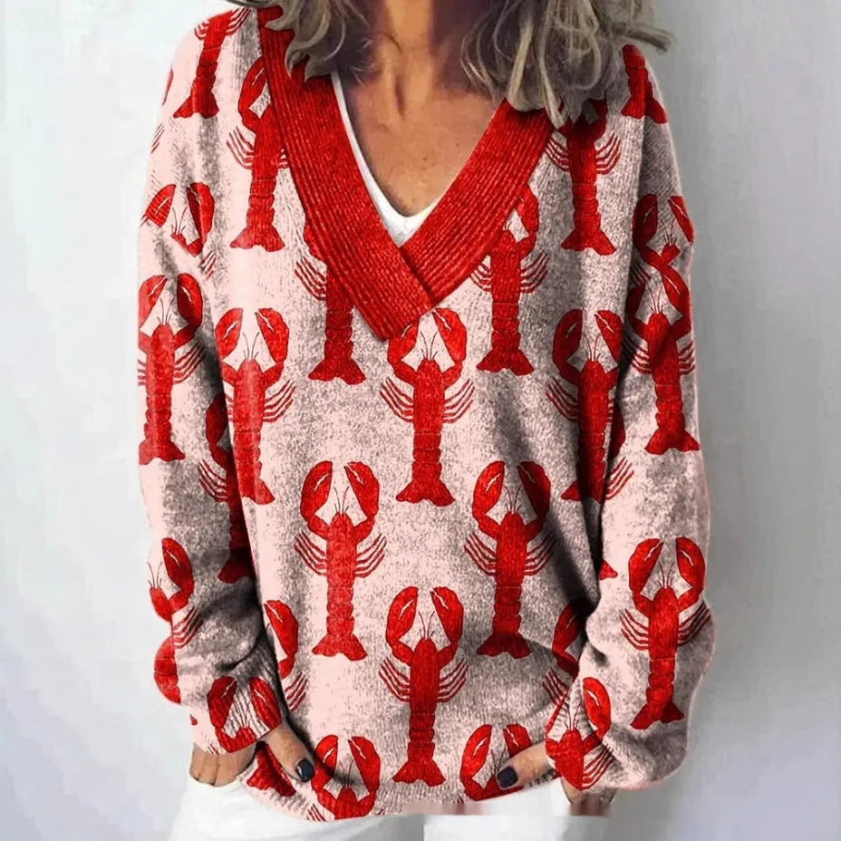 Women's V-neck sweatshirt with 3D floral print pattern on white polyester woven fabric