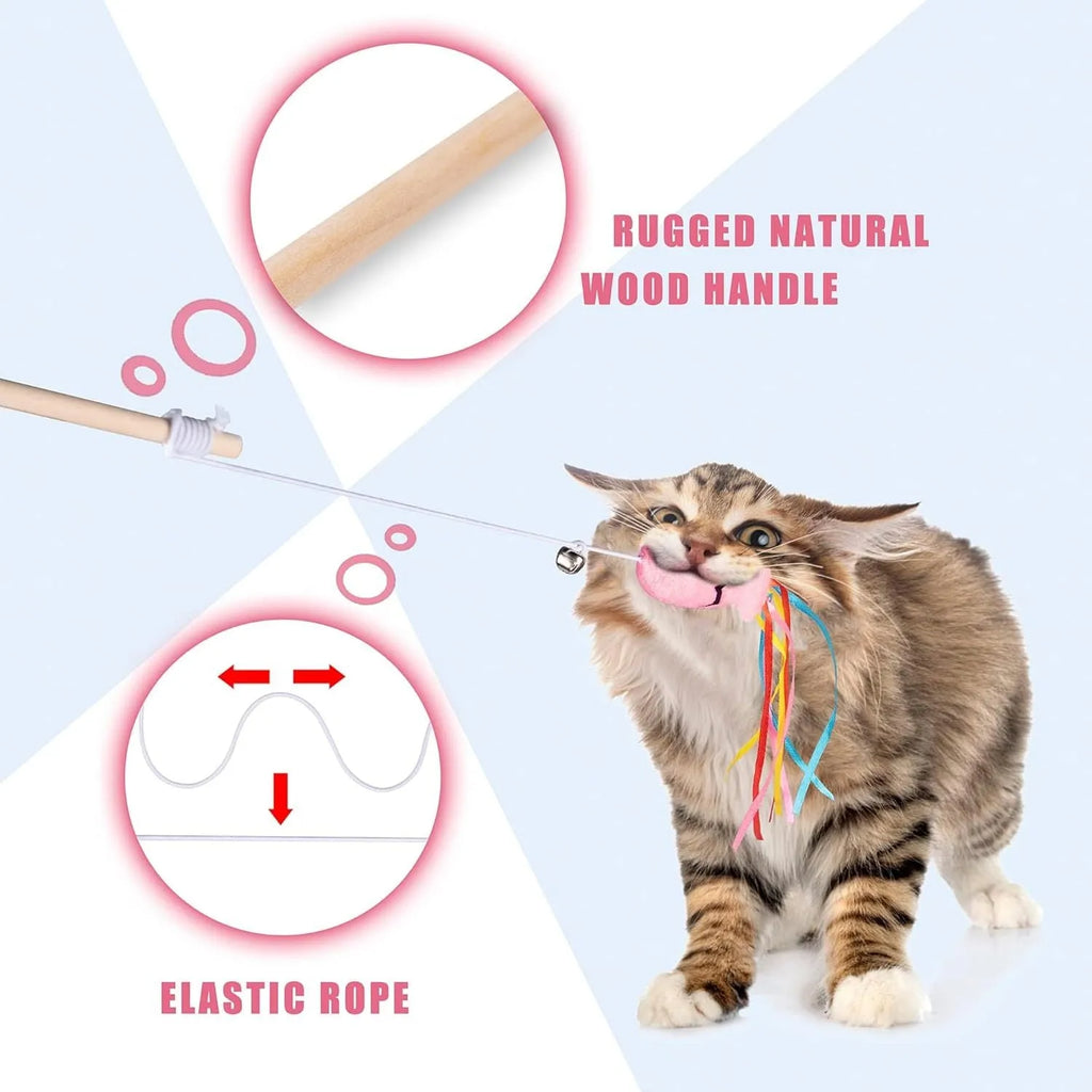 Interactive cat wand toy with colourful ribbons, bell, and catnip fish on a wooden handle.
