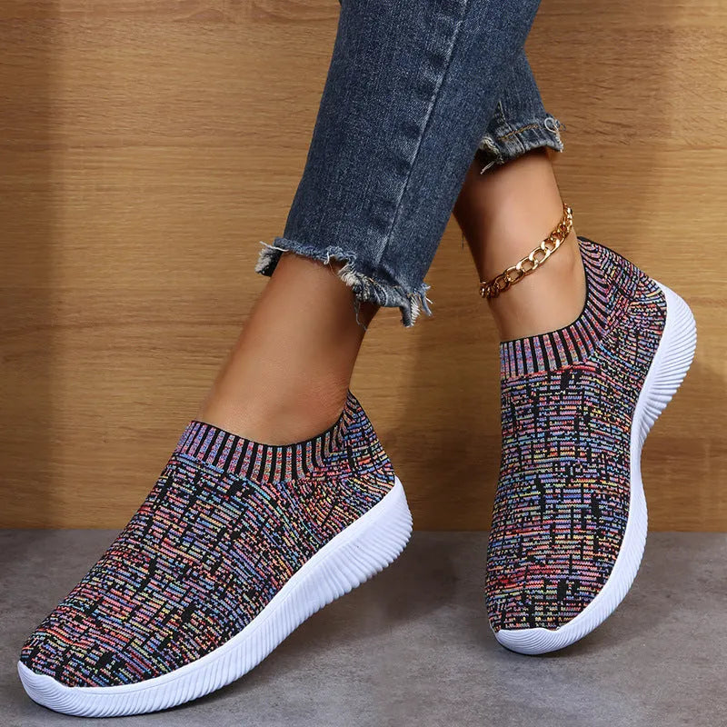 Stripe knit sock shoes for unisex running walking flat sneakers in white with EVA sole