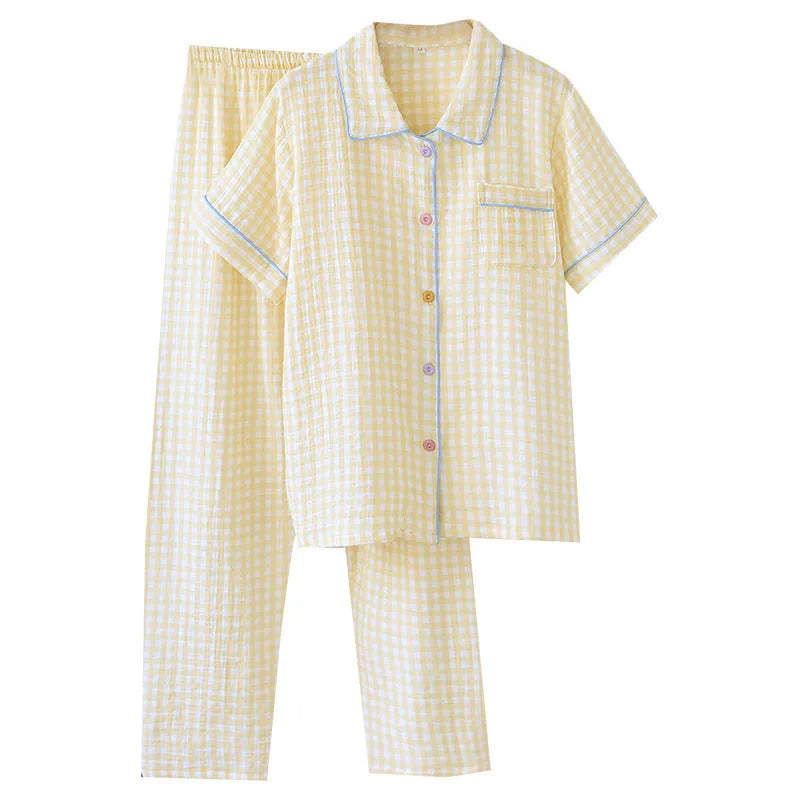 Women's yellow plaid printed short-sleeved top and loose trousers casual cotton gauze outfit set.