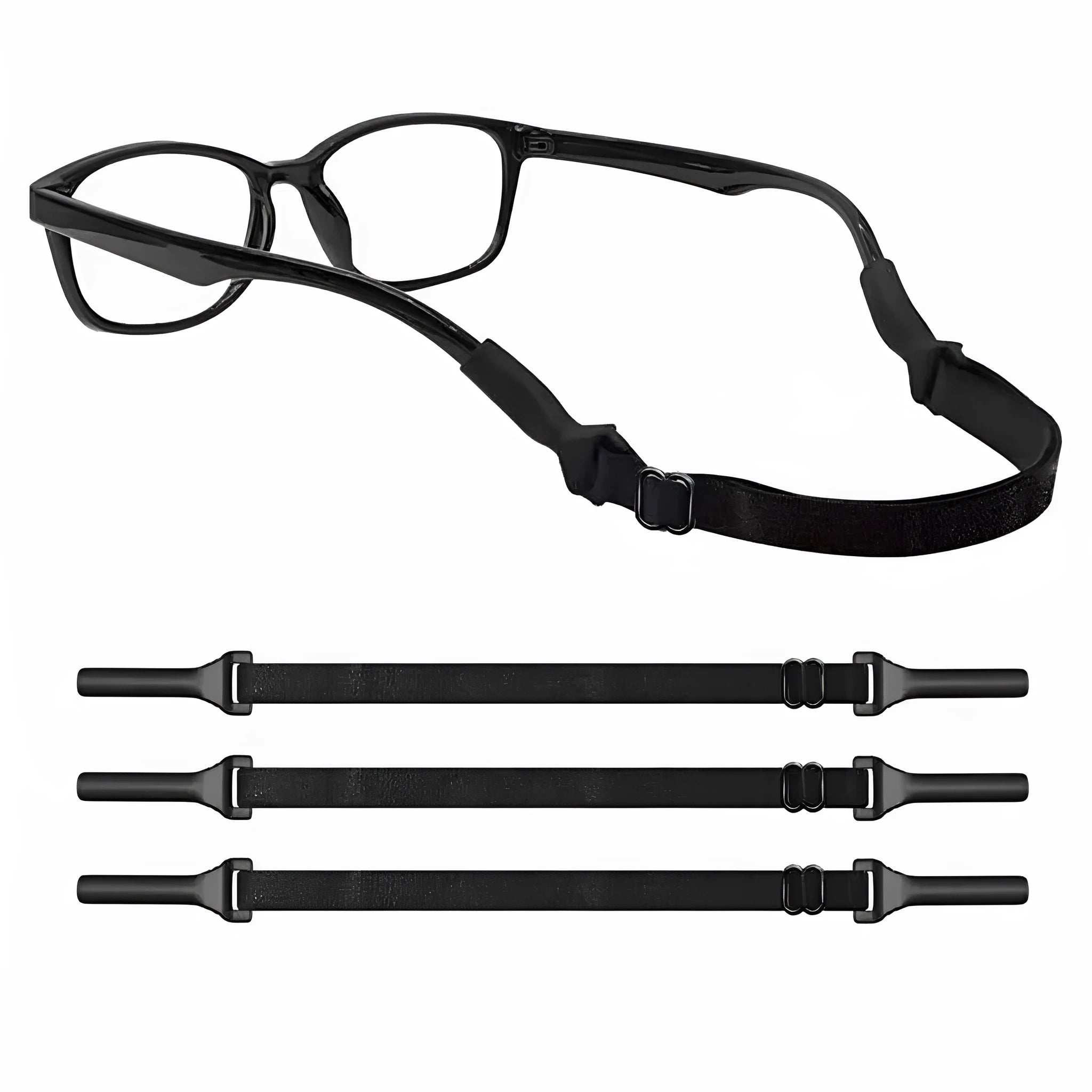 Black adjustable glasses anti-skid cord with silicone end fibre rope construction for adult and children's use