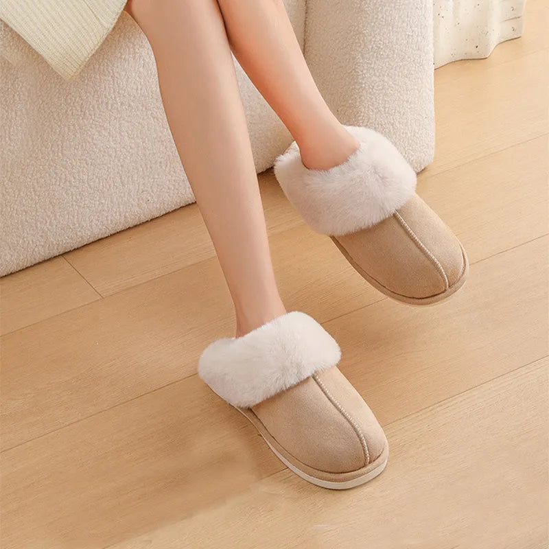 Women's plush winter slippers with round toe, available in brown, grey, pink and white.