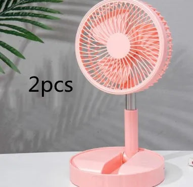 Black portable telescopic folding fan extended to full height showing oscillation function and power bank port