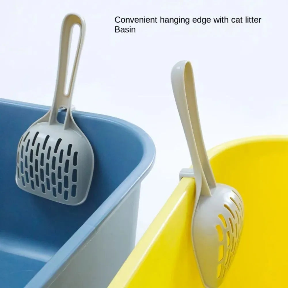 Grey plastic cat litter scoop with integrated base and fine mesh sifting tray