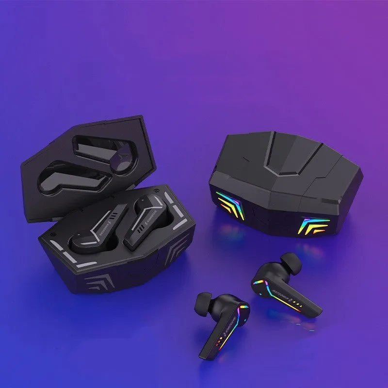 Black TWS Bluetooth in-ear sports headset with charging case on a plain background.