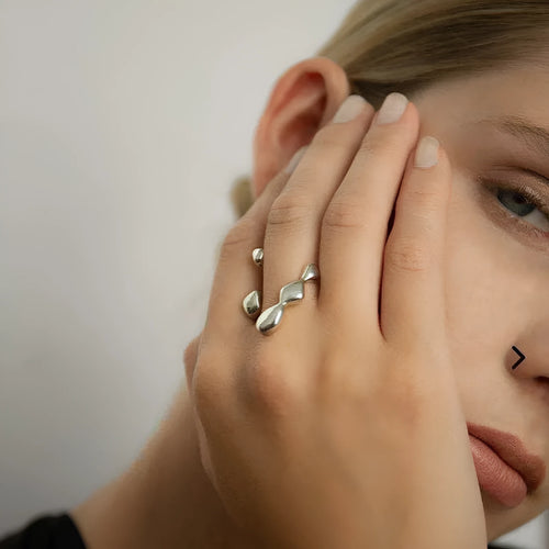 Brass spherical ring for women in gold or silver colour on a circular band.