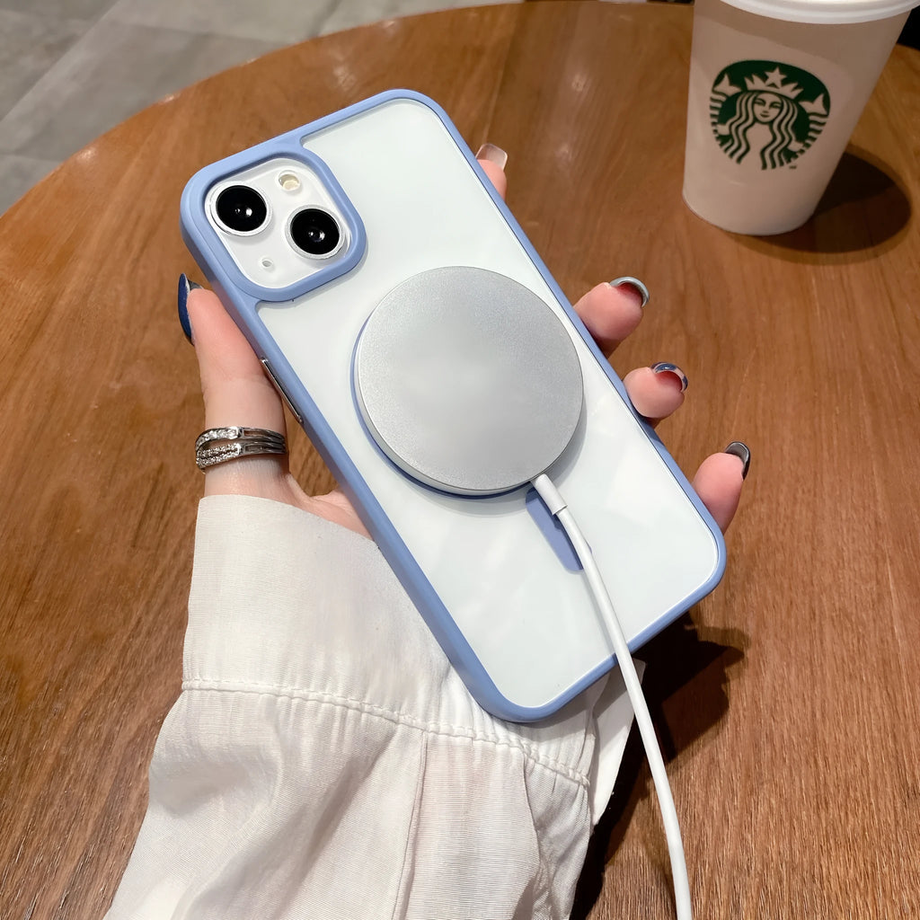 Transparent acrylic MagSafe phone case for iPhone with magnetic ring visible through clear back