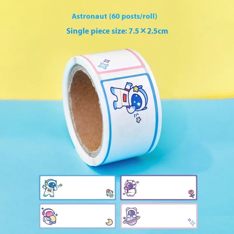 Cartoon name tape stickers roll with dinosaur, astronaut, rabbit, and girl design options