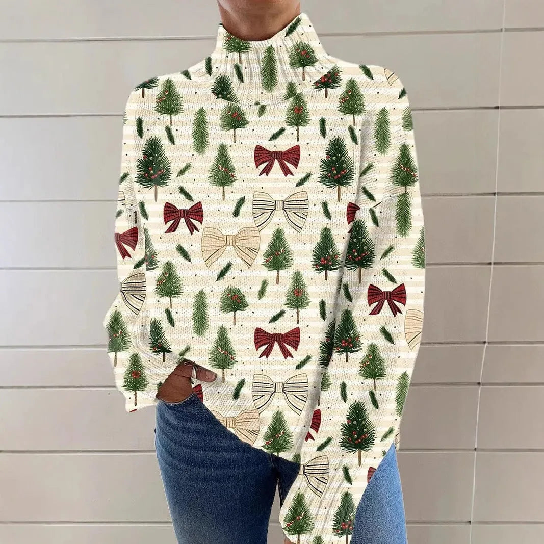 Women's loose-fit Christmas turtleneck sweater with a printed painting pattern in a macaron colour.