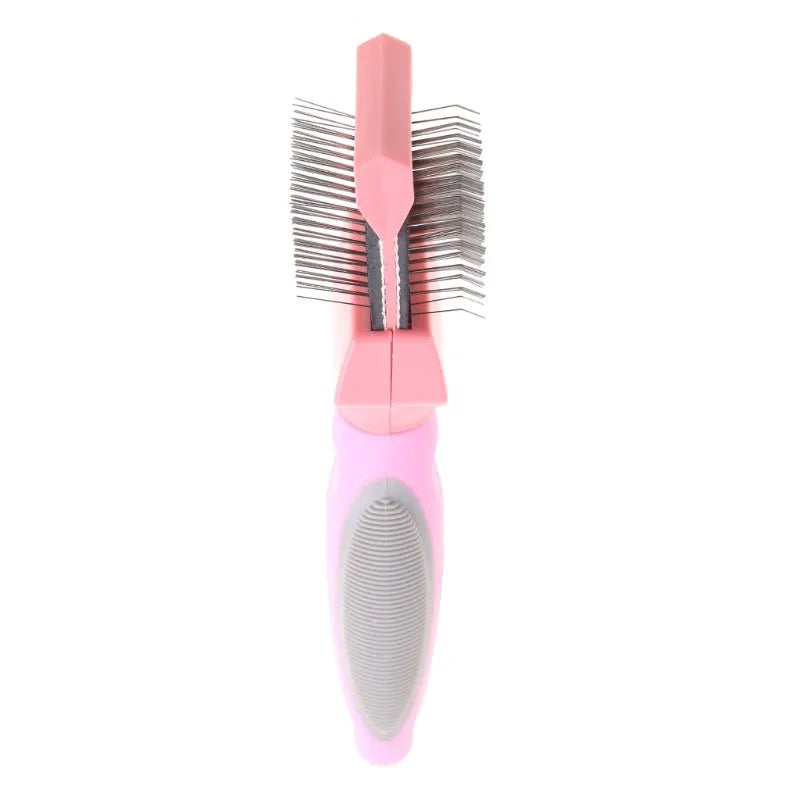 Blue double-sided pet brush with stainless steel pins on one side and soft bristles on the other, showing ergonomic handle.