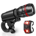 Bicycle front headlight and red rear taillight set with a black mounting bracket.