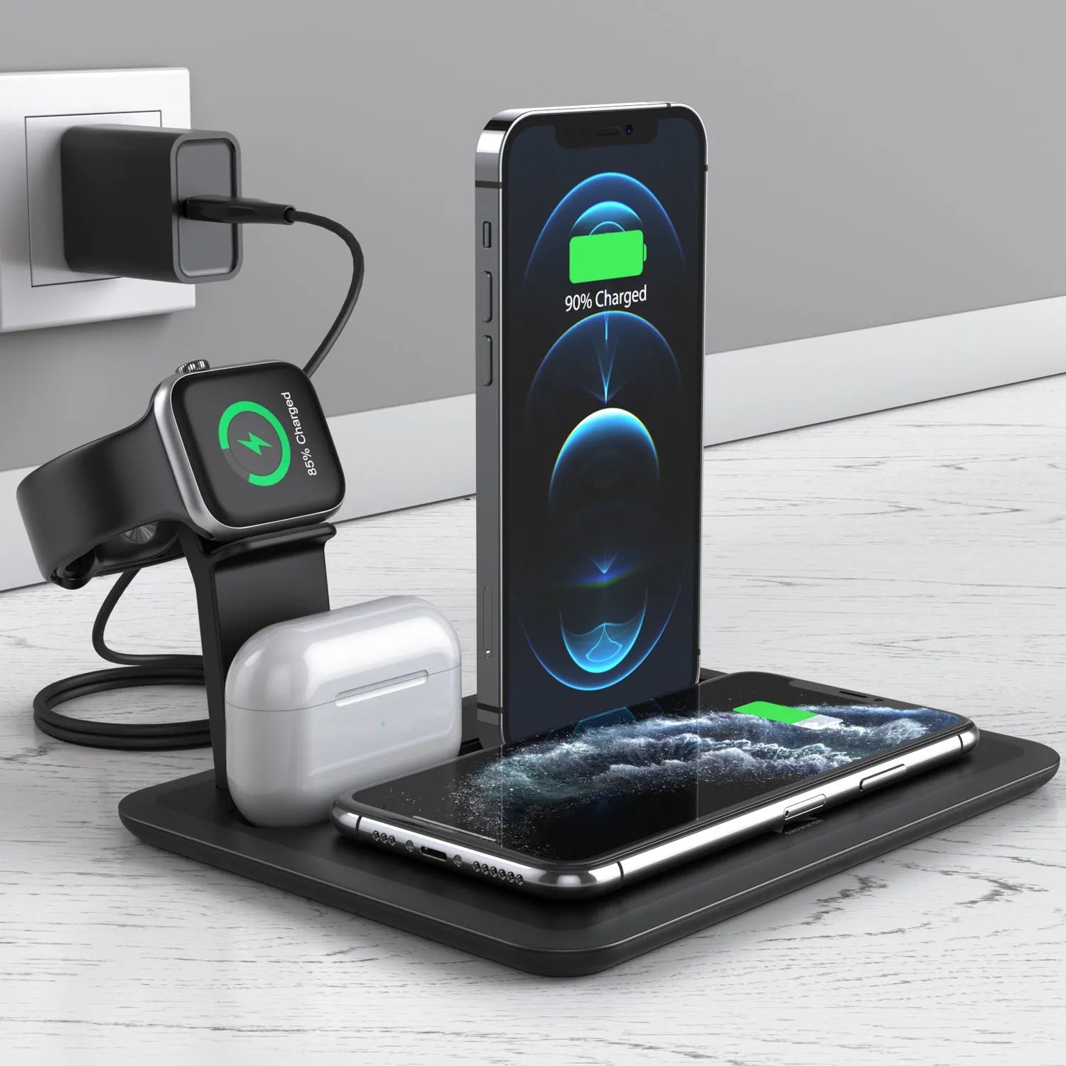 Black desktop wireless charging stand with a phone on its Qi pad and cables connected to its USB ports.