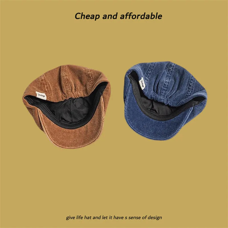 Corduroy eight-panel newsboy cap in solid colour, satin strip detail, unisex adult size
