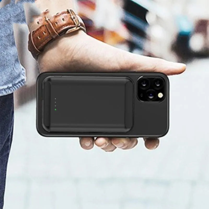 Son magnetic wireless power bank in black, blue, green, pink, or white, showing compact 85mm x 55mm size.