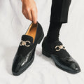 Korean style men's pointed toe leather shoes in black or green with a low top and rubber sole.