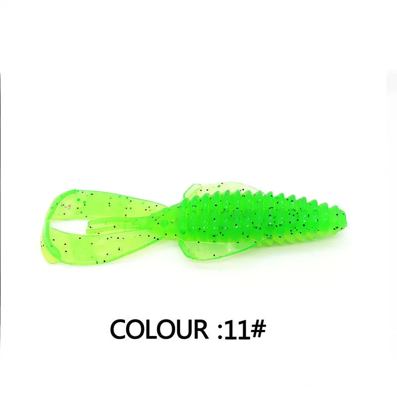 PVC fishing soft bait lure showing two size options: 8cm and 12cm versions in multiple colour patterns