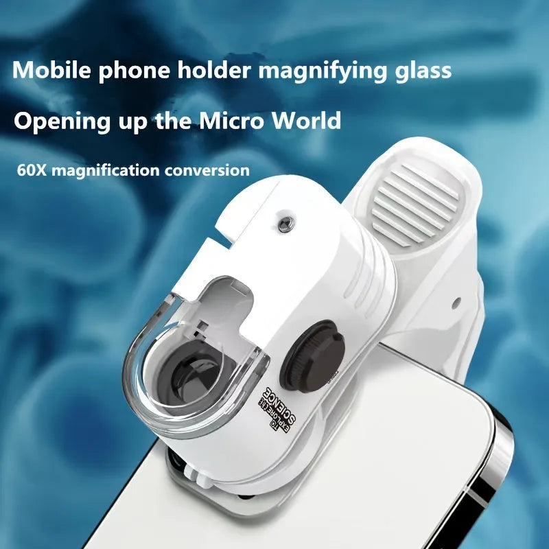 Mini 60x magnification mobile phone microscope with LED light and detachable phone clip on a white background.