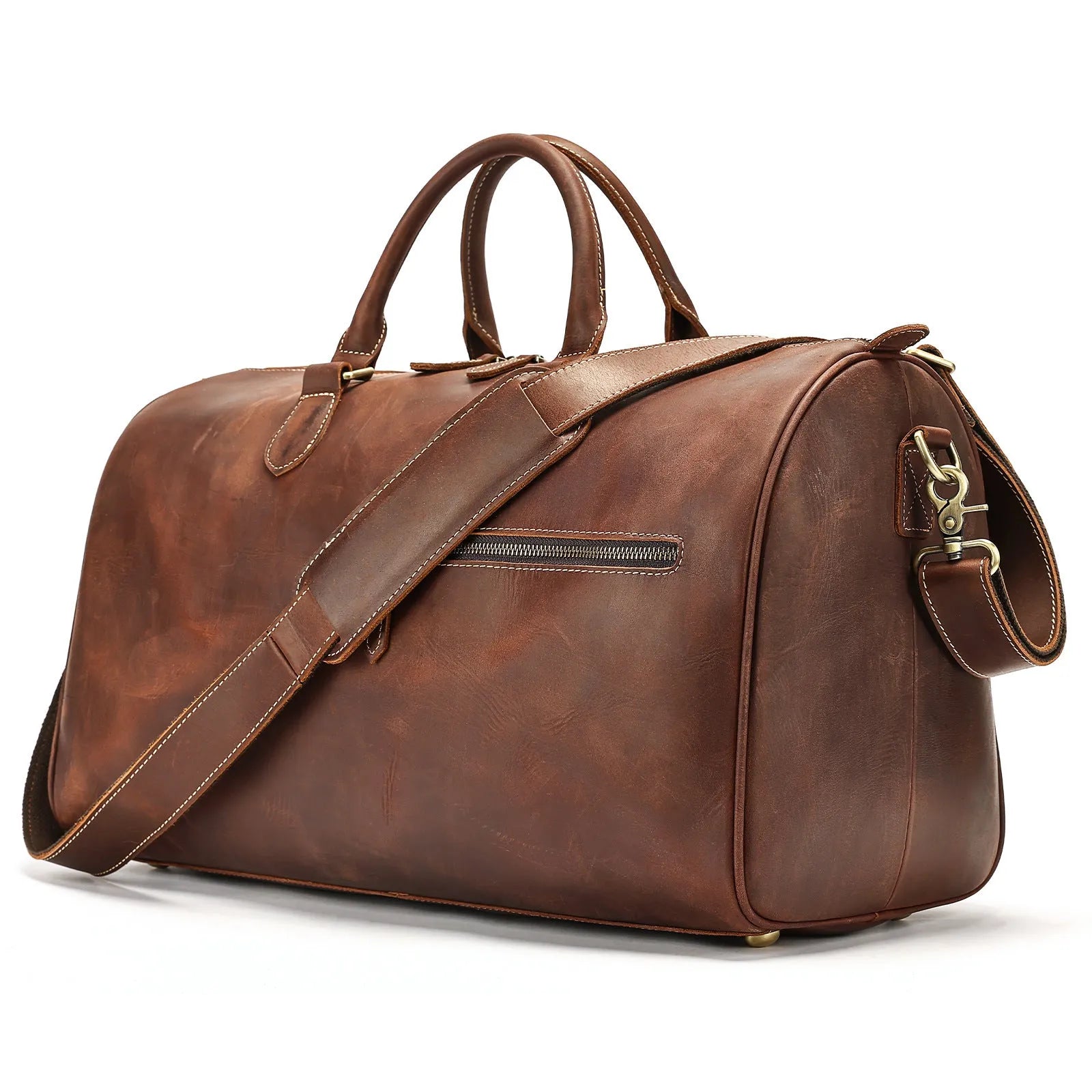 Vintage brown genuine leather large crossbody bag with strap shown open.