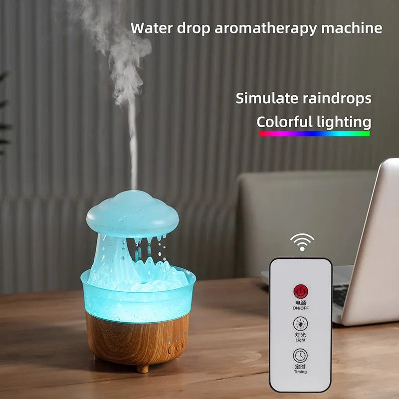 Wood grain rain cloud shaped humidifier and essential oil diffuser with night light on a table.
