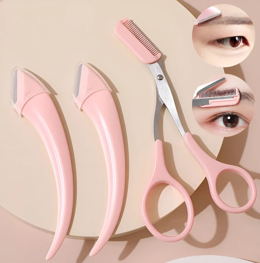 Curved moon eyebrow trimming knife with comb in white, pink, or green colours
