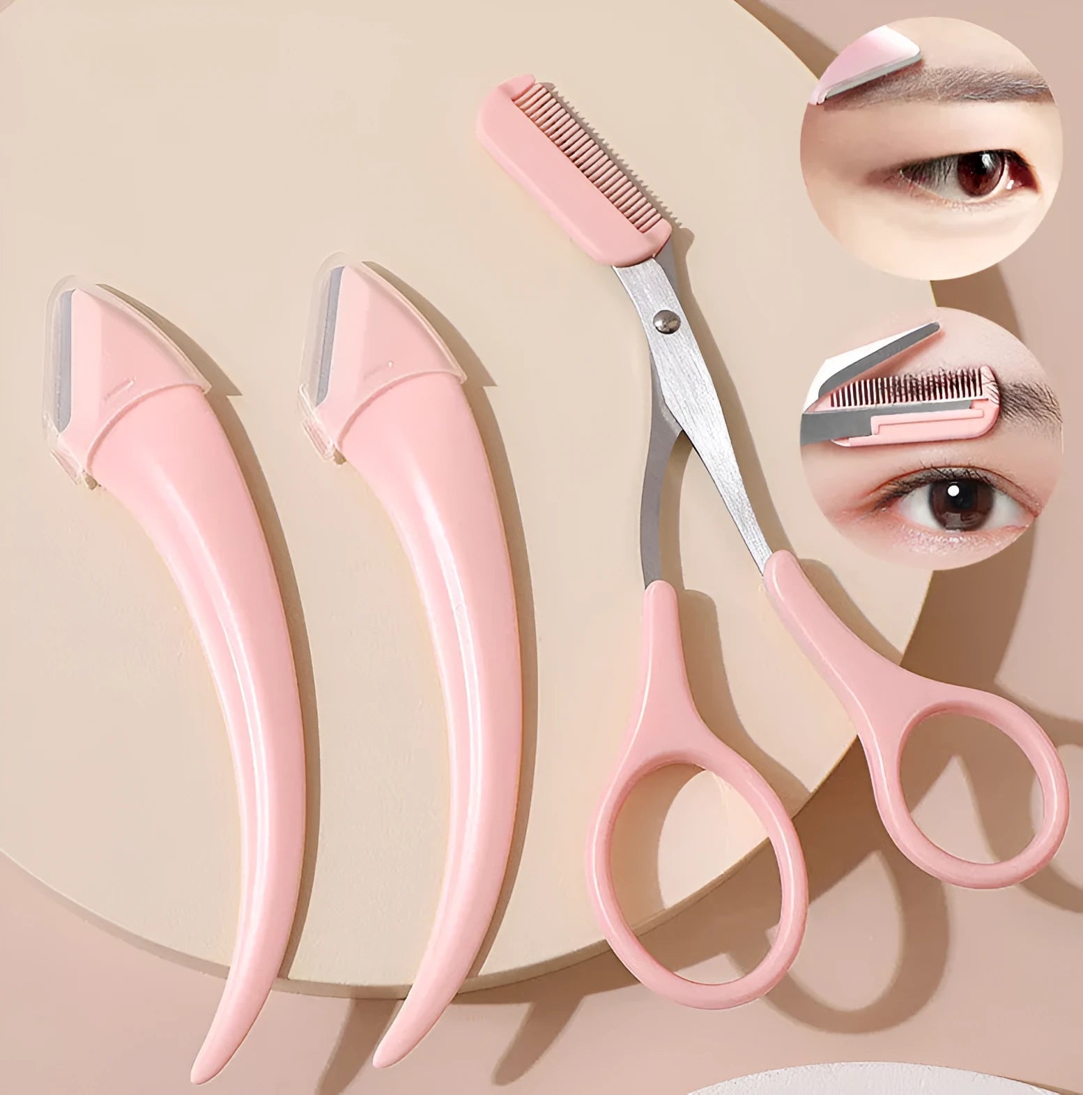 Curved moon eyebrow trimming knife with comb in white, pink, or green colours
