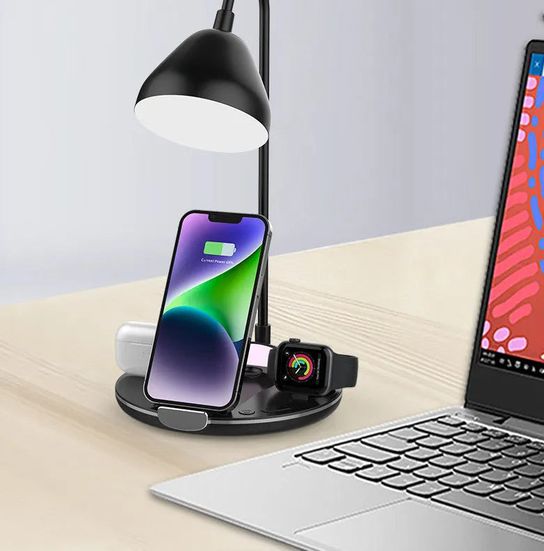 Black and white magnetic folding wireless charger with USB cable showing folded and upright positions