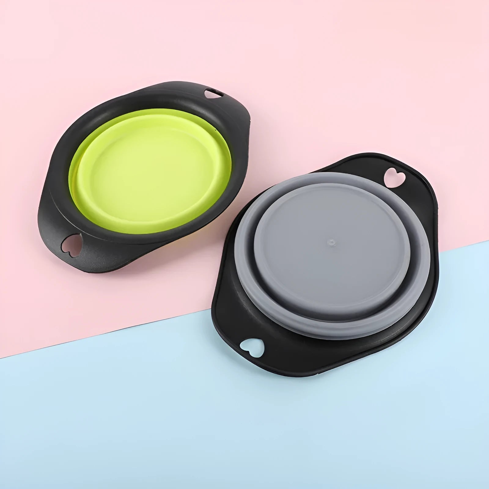 Silicone folding pet bowl shown open as shallow dish and folded flat for storage