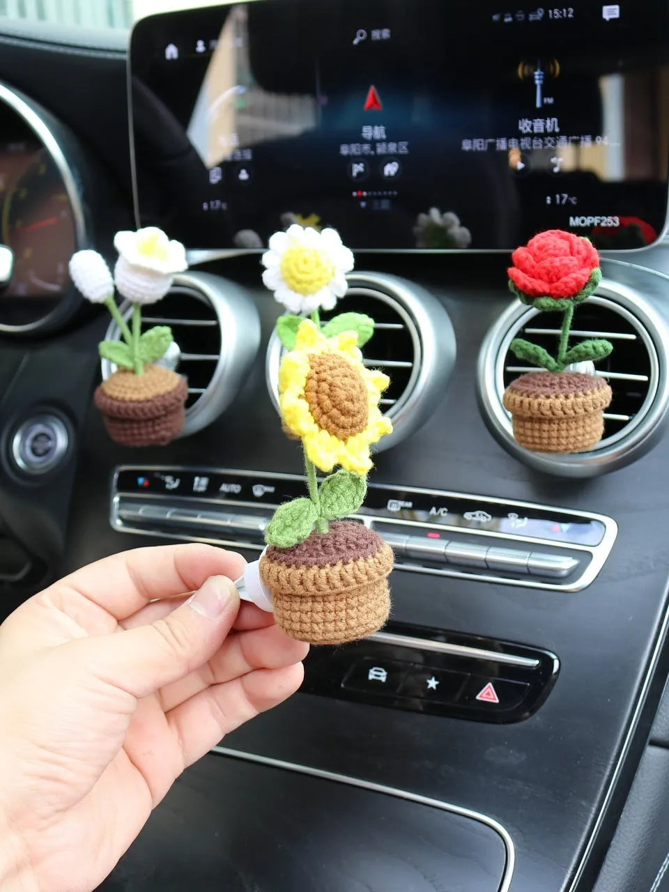 Wool car air vent aromatherapy clip with potted plant floral design in multiple colour options