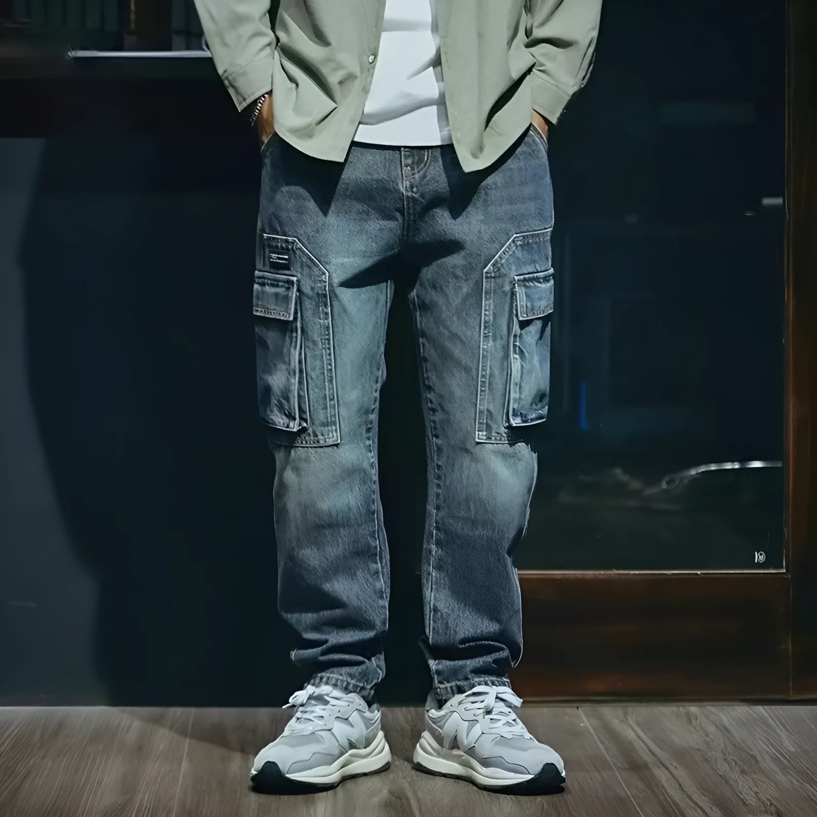 Men's loose straight-leg blue stretch denim jeans with a zip fly, shown on a hanger.