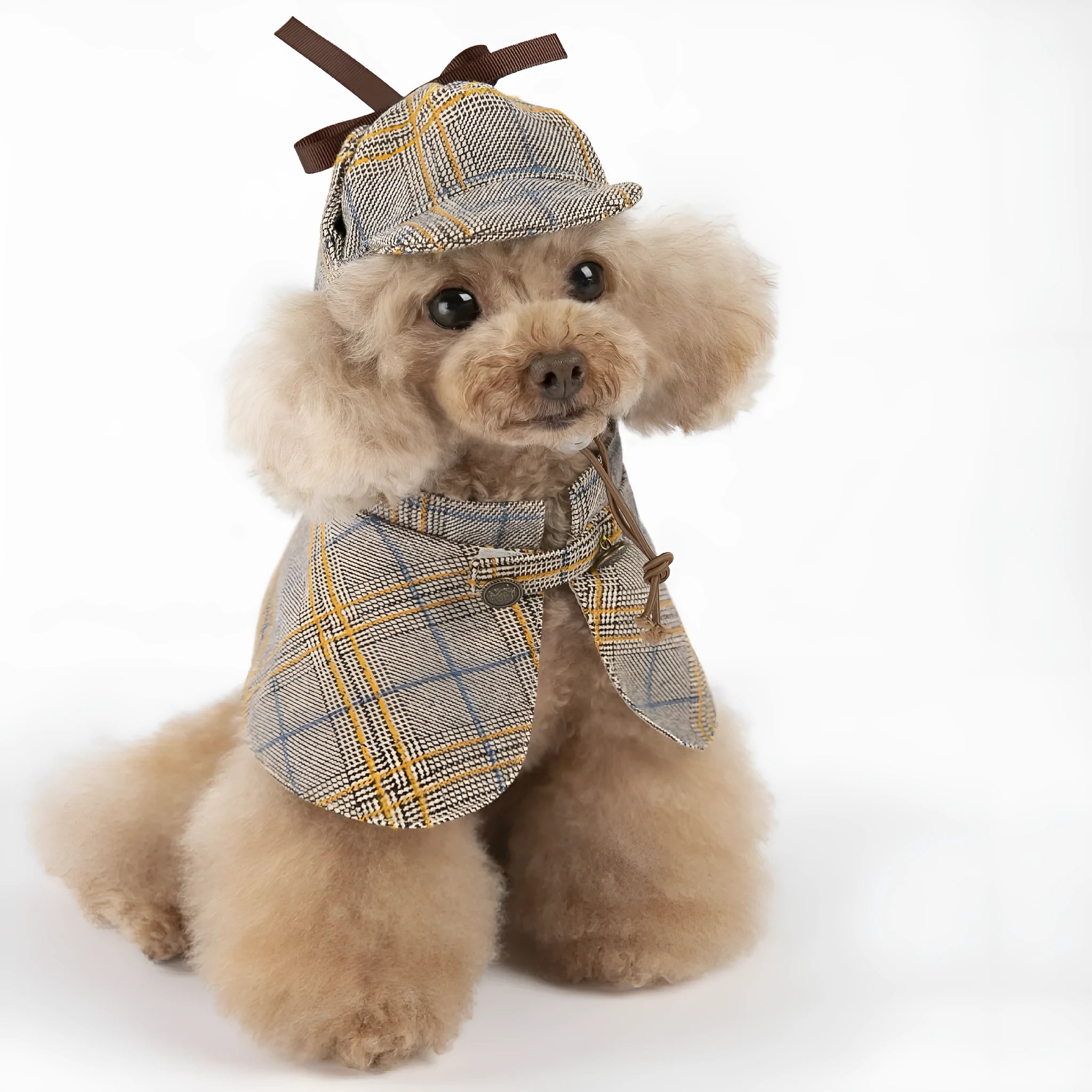 Camel-coloured cotton dog cloak with adjustable hood shown on a small breed dog.