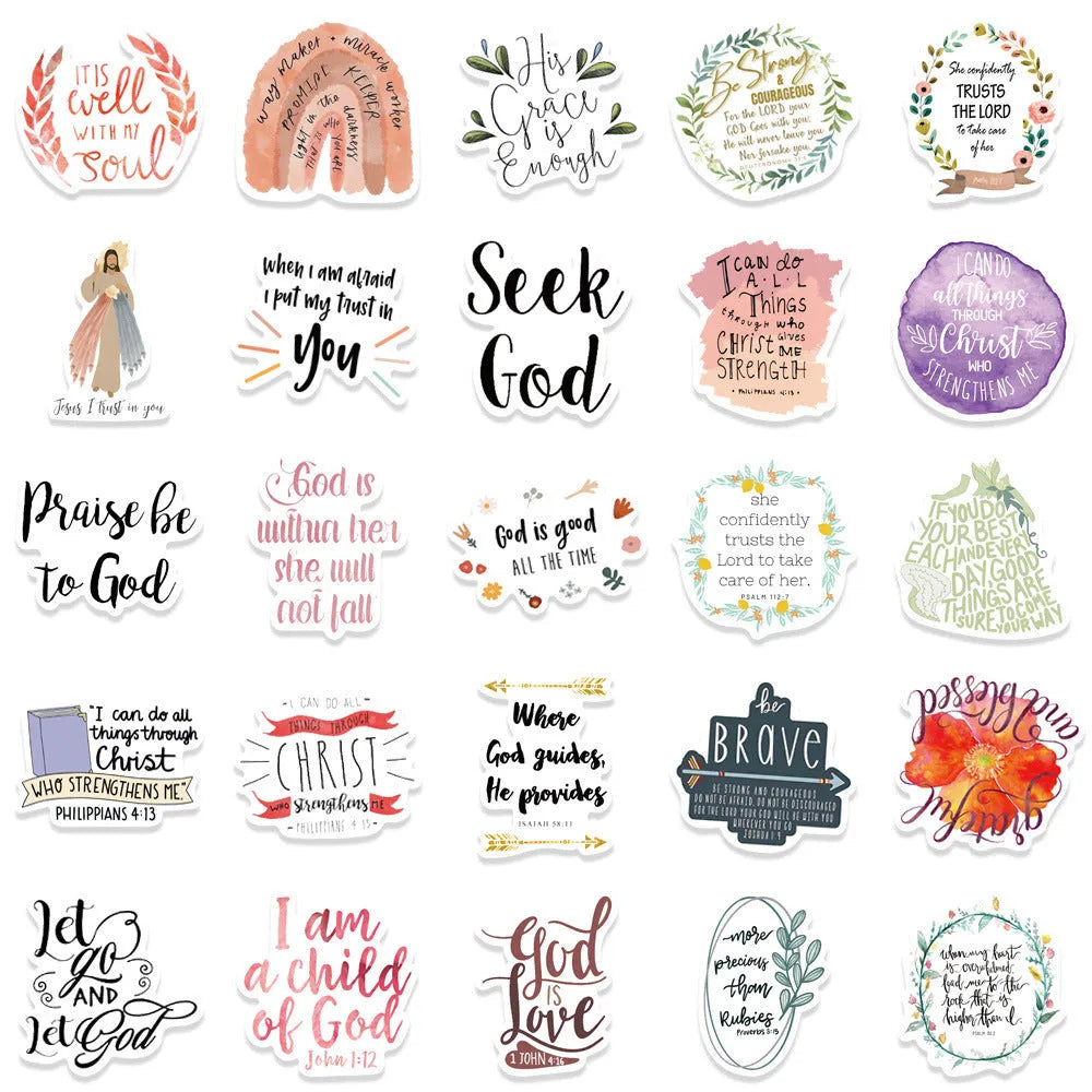 Assortment of colourful graffiti stickers on a white background, showing random street art designs.